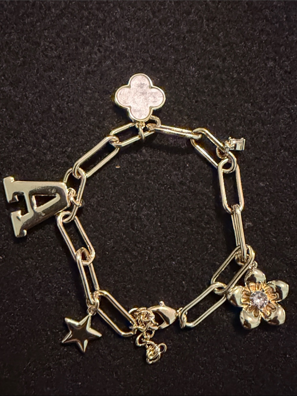 Gold Link Charm Bracelet with Initial 'A' and Floral Accents - Gold